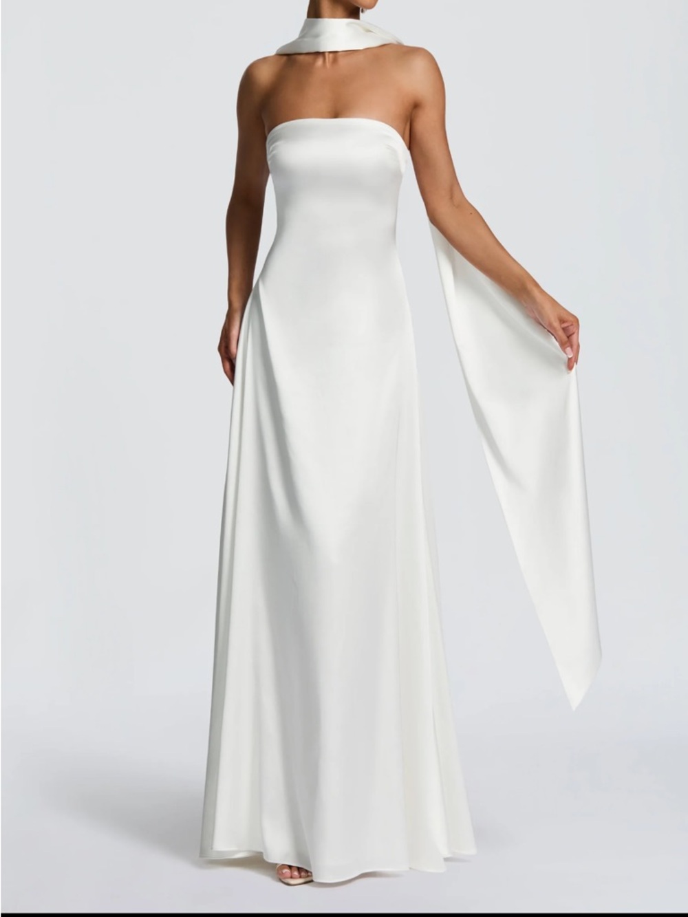 Strapless White Evening Gown with Draped Neck Scarf